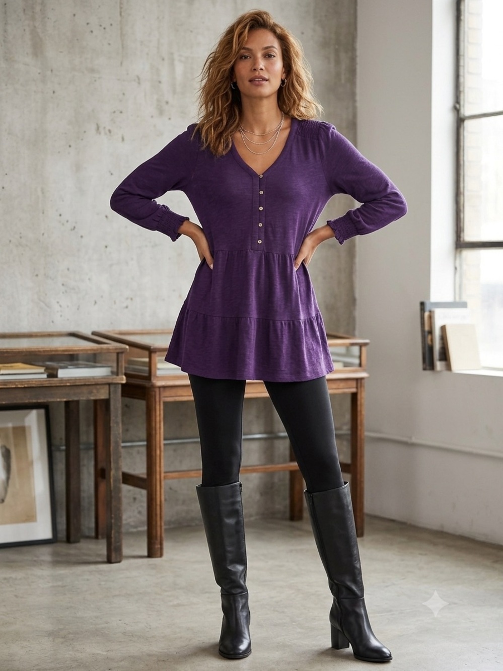 NWT J. Jill Blackgrape V-Neck Tiered Babydoll Button Tunic Top SZ M